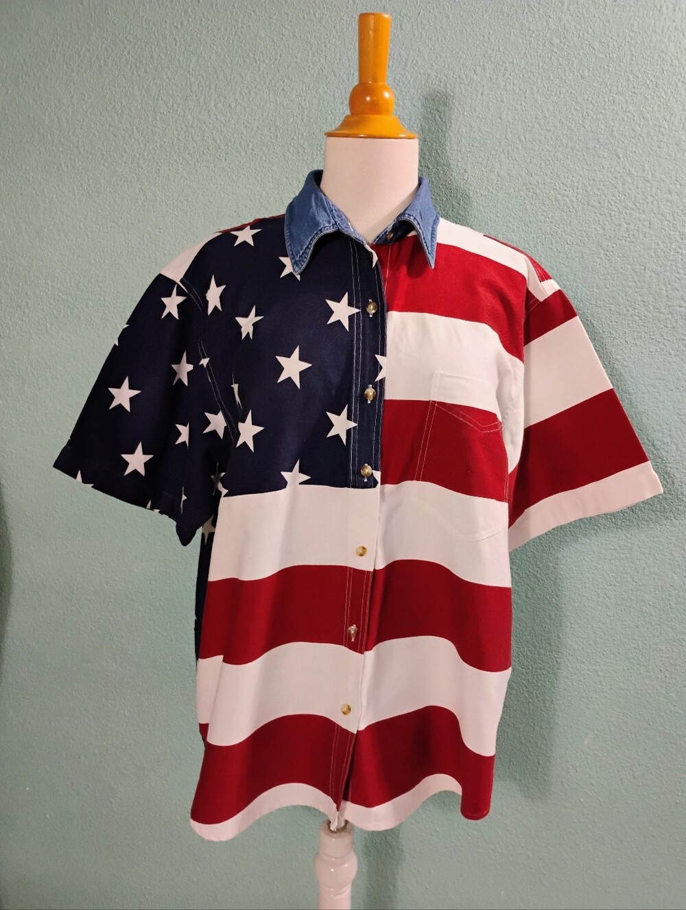 Quizz Again & Co. American Flag Patriotic Short Sleeve Blouse Shirt Sz XL "Flaw"